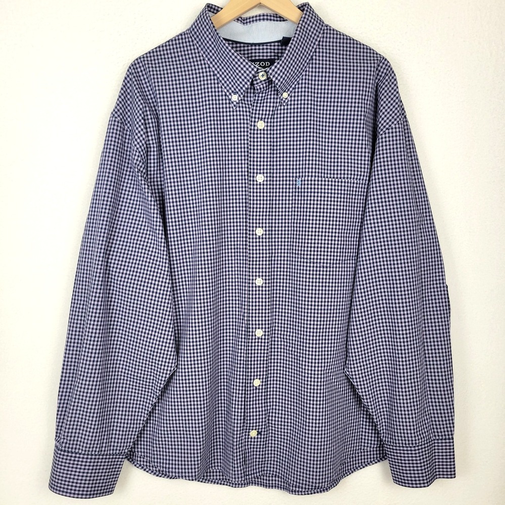 IZOD Men's Casual Button Down Shirt 2XL Navy White Gingham Check Long Sleeve